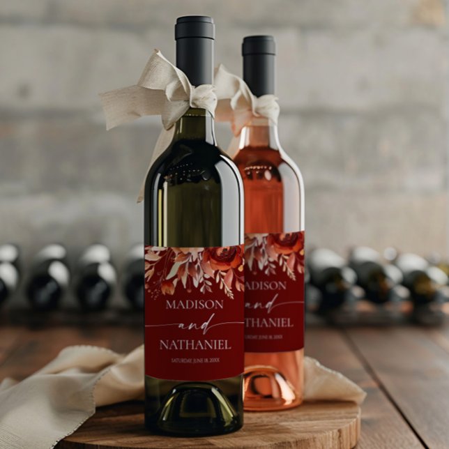 Rótulo De Garrafa De Cerveja Rusty Burgundy Brown Floral Flower Wedding (Criador carregado)