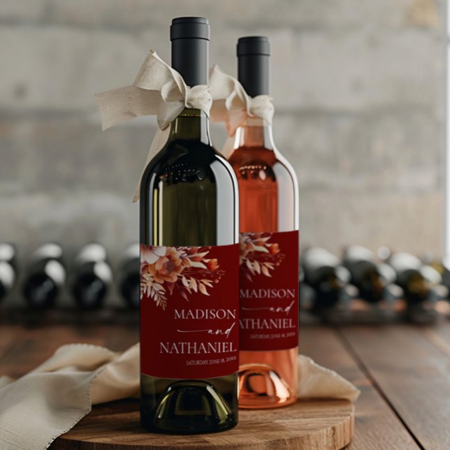 Rótulo De Garrafa De Cerveja Rusty Burgundy Brown Floral Flower Wedding (Criador carregado)