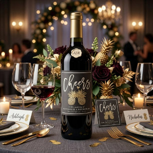 Rótulo De Garrafa De Cerveja Saúde Para O Casamento Do Casal De Abacaxi Dourad