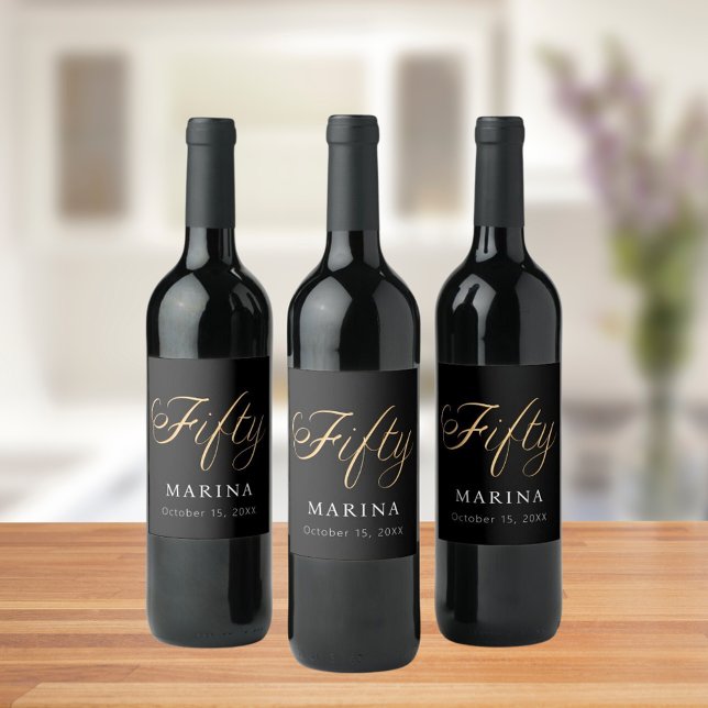 Rótulo De Garrafa De Cerveja Script de nome de ouro preto 50.o aniversário (Criador carregado)