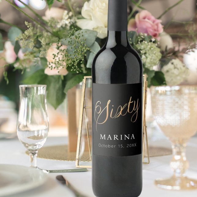 Rótulo De Garrafa De Cerveja Script de nome de ouro preto 60.o aniversário (Criador carregado)