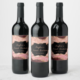 Rótulo De Garrafa De Cerveja Sequins Preto e Rosa Agata Sweet Sixteen