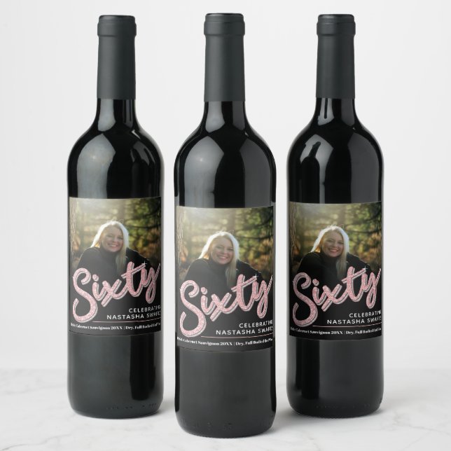 Rótulo De Garrafa De Cerveja Sessenta e sessenta fotos de aniversário com brilh (Garrafas)