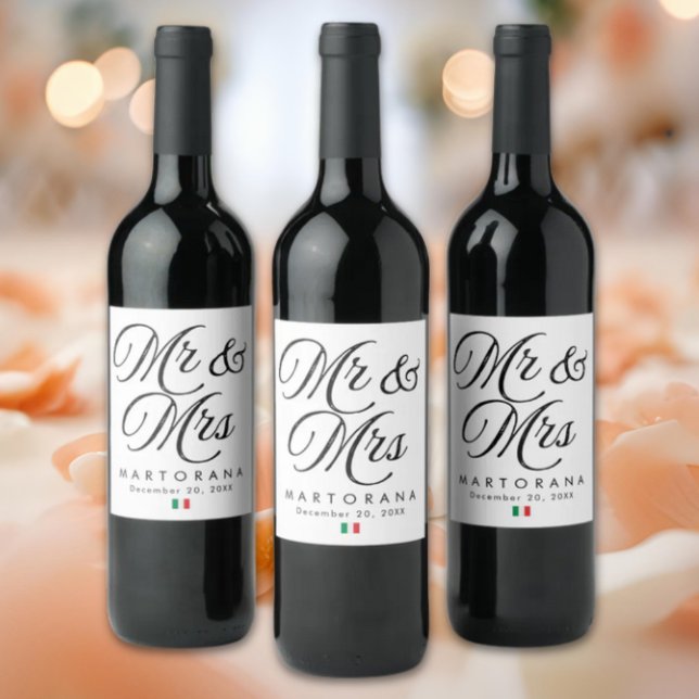 Rótulo De Garrafa De Cerveja Sr e Sra Rótulo Personalizado de Casamento Italian (Mr & Mrs Personalized Italian Wedding Wine Label with Flag of Italy icon)
