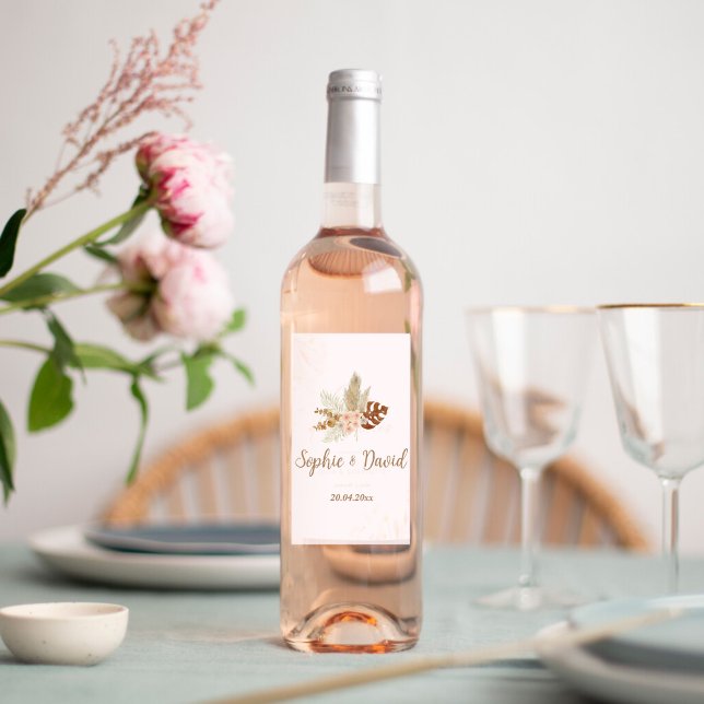 Rótulo De Garrafa De Cerveja Sticky Labels Bohemian de Casamento (Etiquette bouteille de vin mariage boheme avec bouquet herbes pampa)