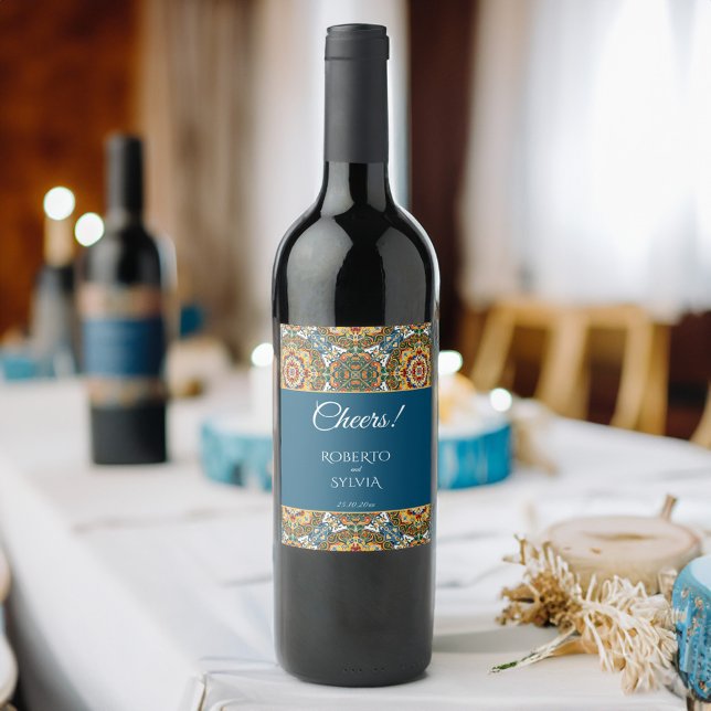 Rótulo De Garrafa De Cerveja Talavera mexicana, um favor de casamento elegante (Mexican Talavera teal elegant wedding favors personalized  Wine Label cheers bottle labels)