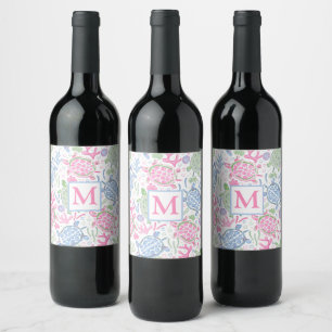 Rótulo De Garrafa De Cerveja Tartarugas Marinhas Aquarela Monograma Oceano