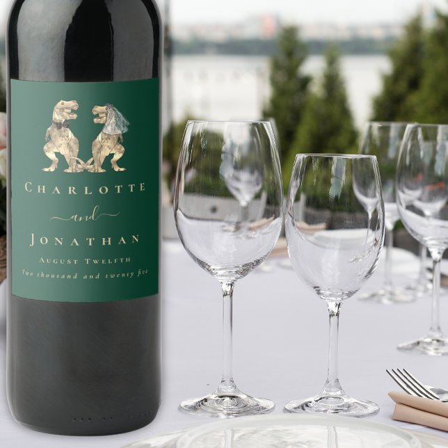 Rótulo De Garrafa De Cerveja Tema Dinossauro Casamento Verde Escuro (T-Rex bride and groom dinosaur wedding dark green custom wine labels)
