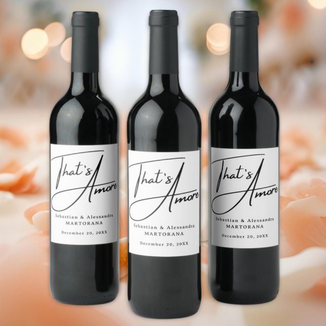 Rótulo De Garrafa De Cerveja That's Amore! Elegant Black Script Wedding (That's Amore Elegant Script Wedding, engagement, or anniversary with custom names and date)