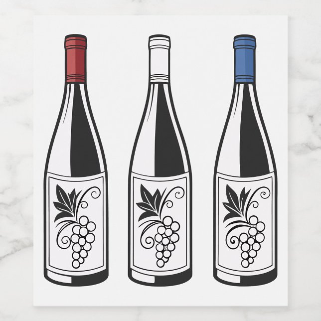 Rótulo De Garrafa De Cerveja Three Bottles Food and Beverage Label Set (Illustration of three wine bottles, each with a different colored cap: red, white, and blue. )