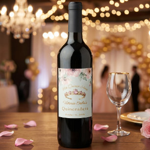 Rótulo De Garrafa De Cerveja Tiarra de Ouro com Flor de Salvia Rosa Quinceañera