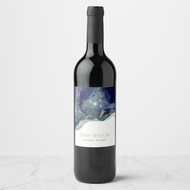 Rótulo De Garrafa De Cerveja Tinta Alcoólica Abstrata Prata Azul Naval Brilho (Frente)