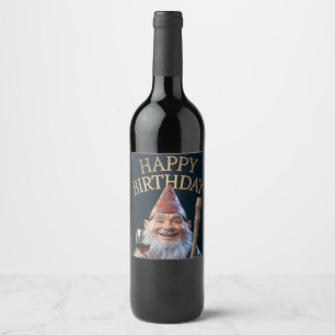 Rótulo De Garrafa De Cerveja Toste "Feliz Aniversário" Gnomo com Vinho Tinto
