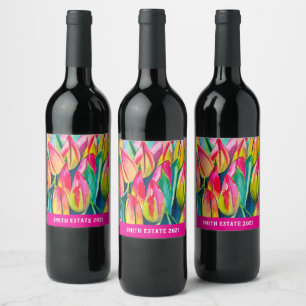 Rótulo De Garrafa De Cerveja Tulipas de arte em aquarela rosa
