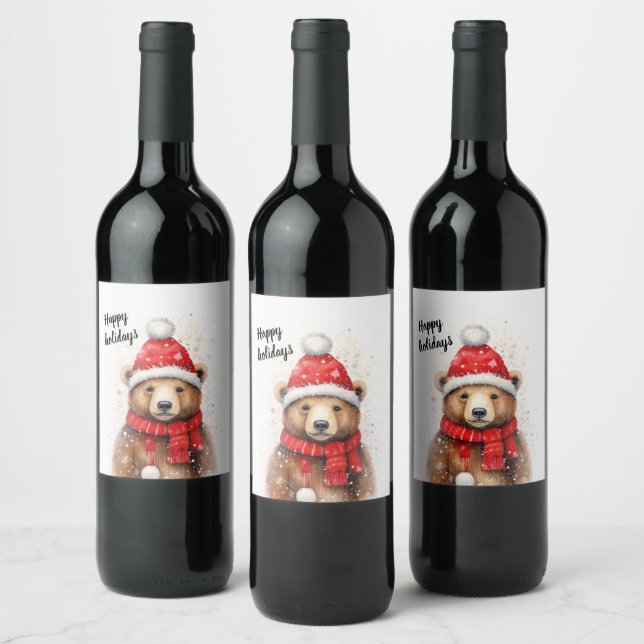 Rótulo De Garrafa De Cerveja Urso Inverno com Chapéu Vermelho Cozy (Garrafas)