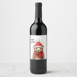 Rótulo De Garrafa De Cerveja Urso Inverno com Chapéu Vermelho Cozy
