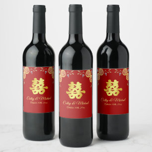 Rótulo De Garrafa De Cerveja Vermelho laranja floral casamento chinês dupla fel