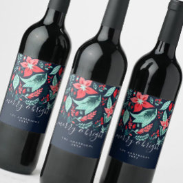 Rótulo De Garrafa De Cerveja Vermelho Natal Botânico Floral Azul Feriado
