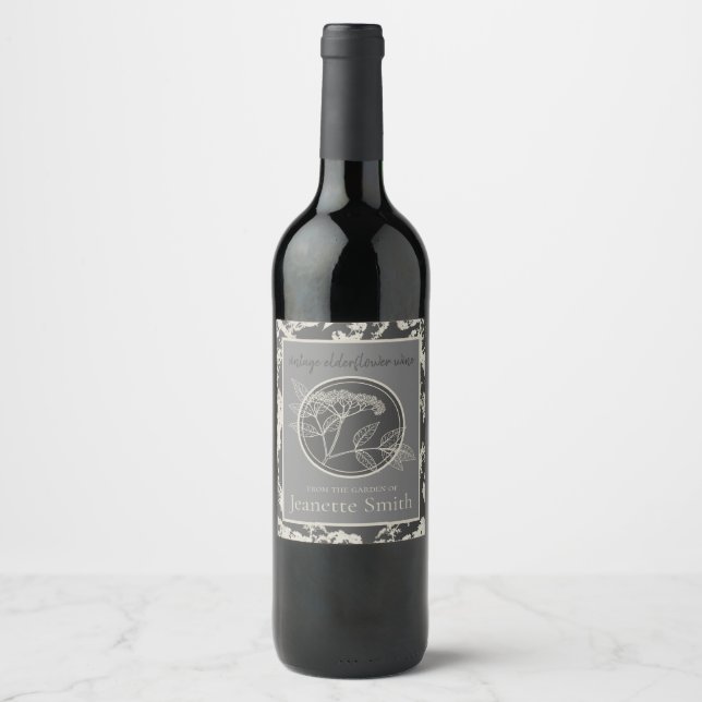 Rótulo De Garrafa De Cerveja Vinho de flor idosa caseiro Escuro Vintage Persona (Frente)