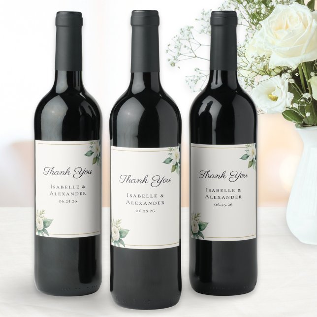 Rótulo De Garrafa De Cerveja White Floral Botanical Greenery Elegant Wedding (Personalized wine bottle labels with couple's names and date, 'Thank You' message and floral motifs)