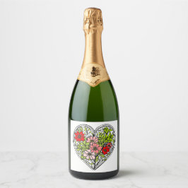 rótulo de garrafa de champanhe coração de flor