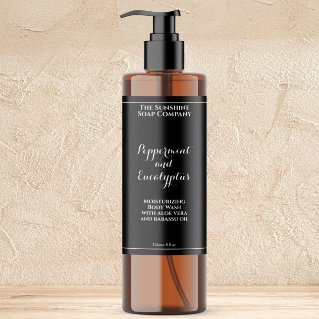 Rótulo de garrafa de cosméticos preto com fonte cu (Criador carregado)