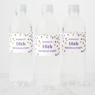 Rótulo De Garrafa De Vinho 16º aniversário do Confetti Dourado Roxo
