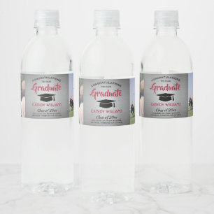 Rótulo De Garrafa De Vinho 2 Photo Graduation Party Brushed Gray Red & Black