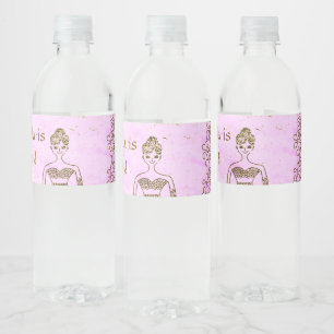 Rótulo De Garrafa De Vinho Água de Aniversário da Princesa Rosa e Dourado Cap