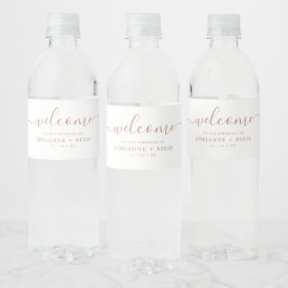 Rótulo De Garrafa De Vinho Água de Casamento Simples e Elegante Branco e Rosa