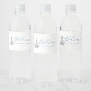 Rótulo De Garrafa De Vinho Âncora Floral Azul e Branco Casamento Náutico
