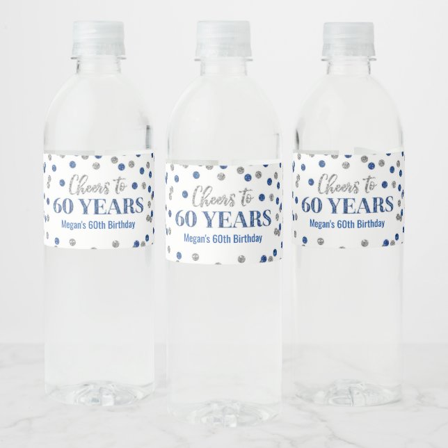 Rótulo De Garrafa De Vinho Anima-se aos 60 anos Blue Silver Confetti Aniversá (Garrafas)