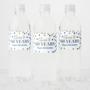 Rótulo De Garrafa De Vinho Aniversário de 60 anos de Azul Prata Confetti