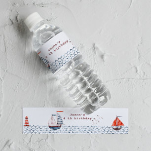 Rótulo De Garrafa De Vinho aniversário de criança náutico vermelho e azul