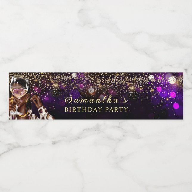 Rótulo De Garrafa De Vinho Aniversário de Mulher Afro-Americana Personalizada (Rótulo Único)