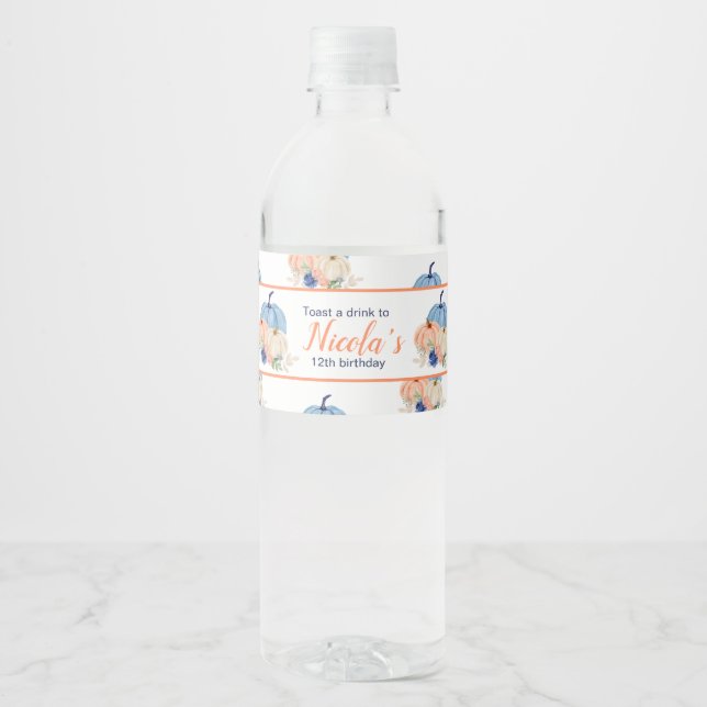 Rótulo De Garrafa De Vinho Aniversário do marinho Blue e Blush Floral Pumpkin (Frente)