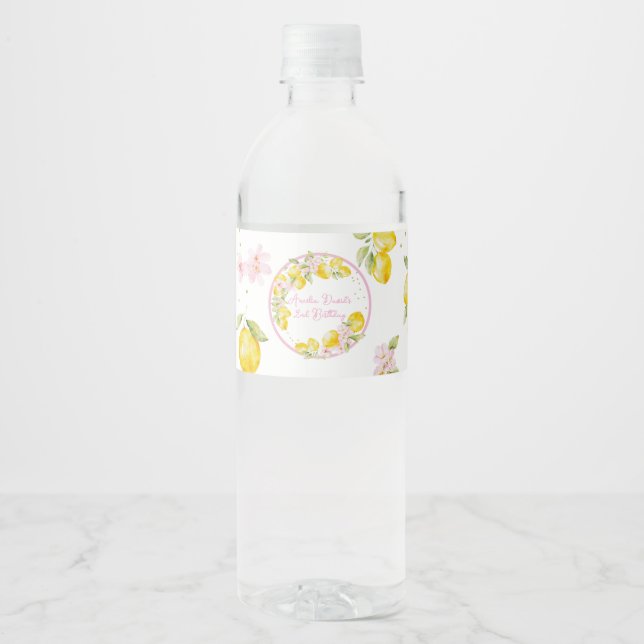 Rótulo De Garrafa De Vinho Aniversário Floral Rosa Limão (Frente)