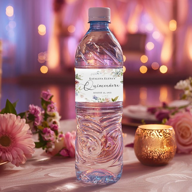 Rótulo De Garrafa De Vinho Aquarela Floral Quinceanera (Criador carregado)