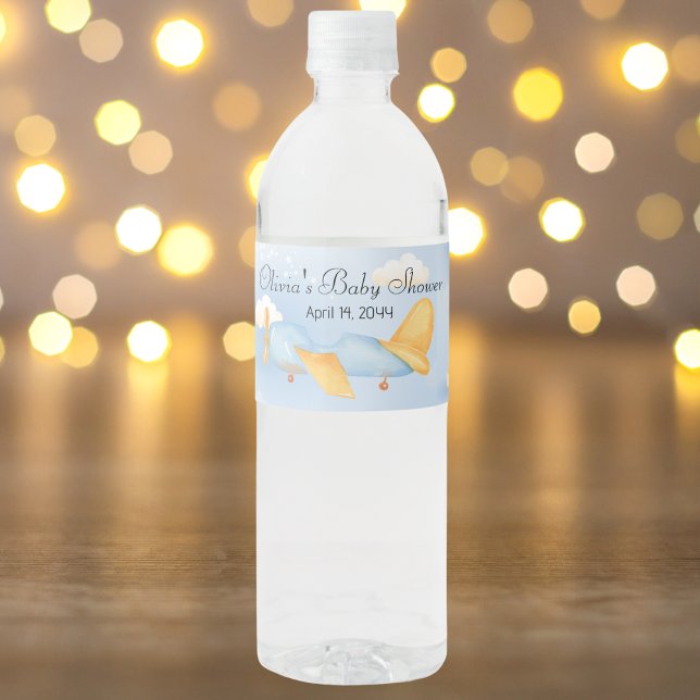 Rótulo De Garrafa De Vinho Avião Nuvens Azul Dourado, Chuveiro de Bebê Menino (Criador carregado)