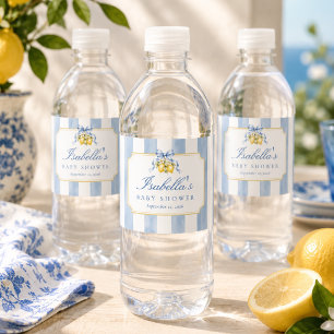 Rótulo De Garrafa De Vinho Azul de Amalfi Listras Brancas Chic Limão Chuveiro