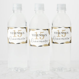 Rótulo De Garrafa De Vinho Balão de Quinceanera Preto com Esparto Dourado