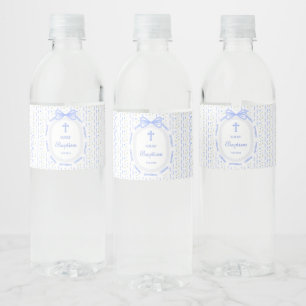 Rótulo De Garrafa De Vinho Batismo Floral do Frame de Fita de Arco Azul