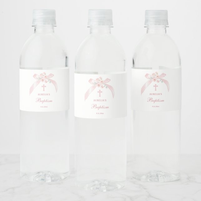 Rótulo De Garrafa De Vinho Batismo Laço Rosa Floral (Garrafas)