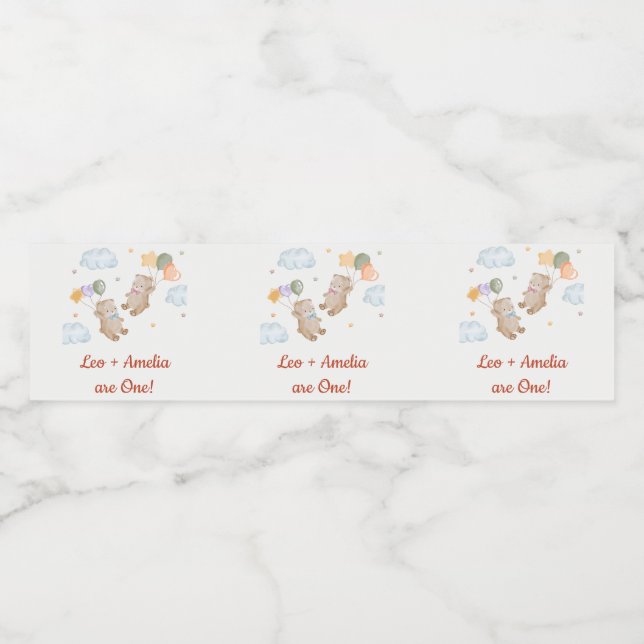 Rótulo De Garrafa De Vinho Bear Boy Twins - Primeira Festa de aniversário (Rótulo Único)