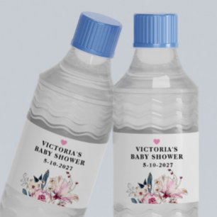 Rótulo De Garrafa De Vinho Bebê Floral Rosa em Chá de fraldas Bloqueado