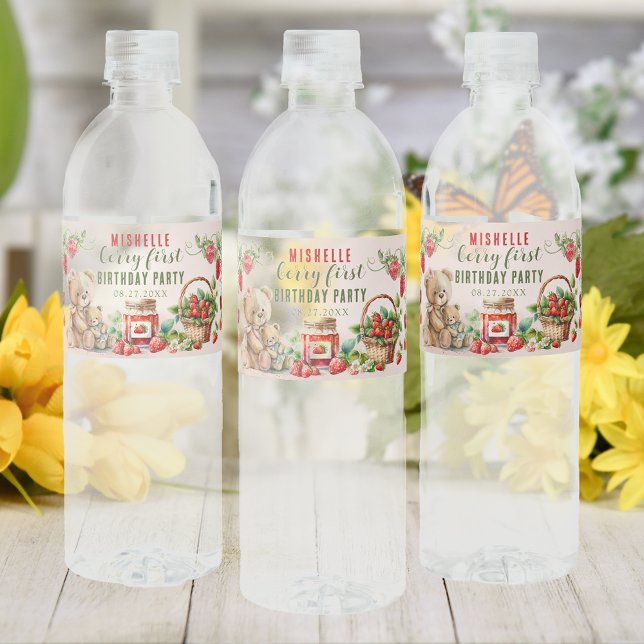 Rótulo De Garrafa De Vinho Berry First Strawberry and Bear Birday (Criador carregado)