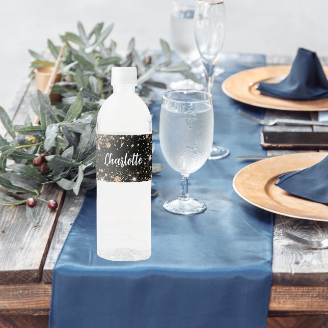Rótulo De Garrafa De Vinho Black gold sparkles nome script (Criador carregado)