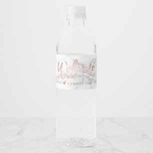 Rótulo De Garrafa De Vinho Boas-vindas ao script Chic+Modern Marble+Rosa Dour