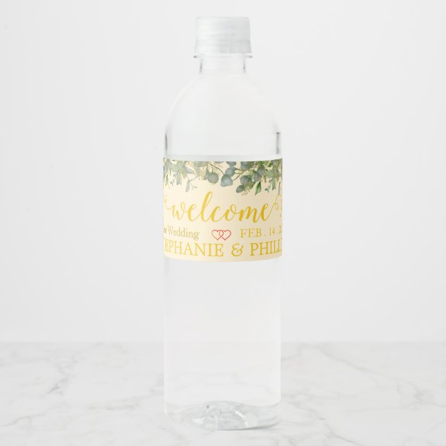 Rótulo De Garrafa De Vinho Bot Água de Casamento de Eucalyptus Verde (Frente)