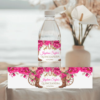 Rótulo De Garrafa De Vinho Botas de Cowboy de Ouro Rosa Fúcsia Quinceañera